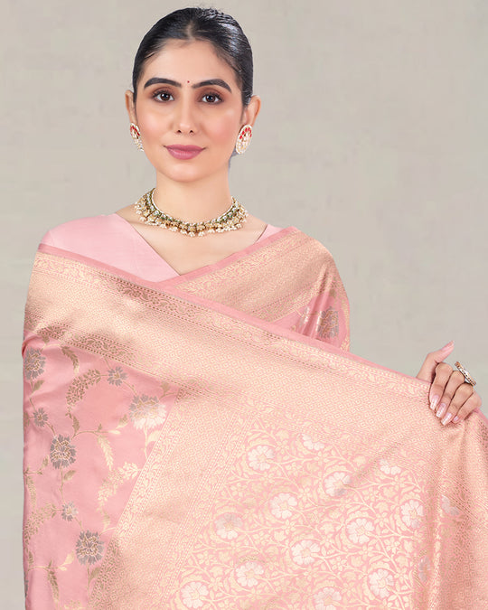 Light Pink Pure Katan Saree with Meenakari Floral Artistry and Jaal Work
