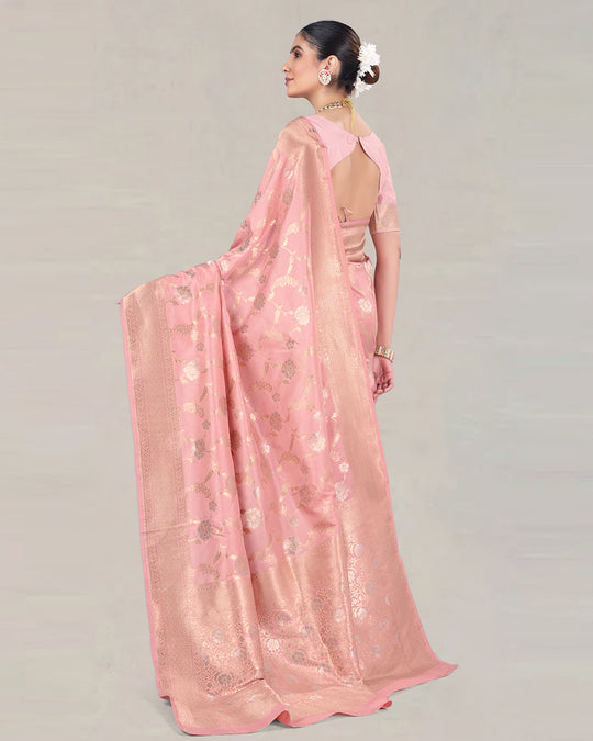Light Pink Pure Katan Saree with Meenakari Floral Artistry and Jaal Work