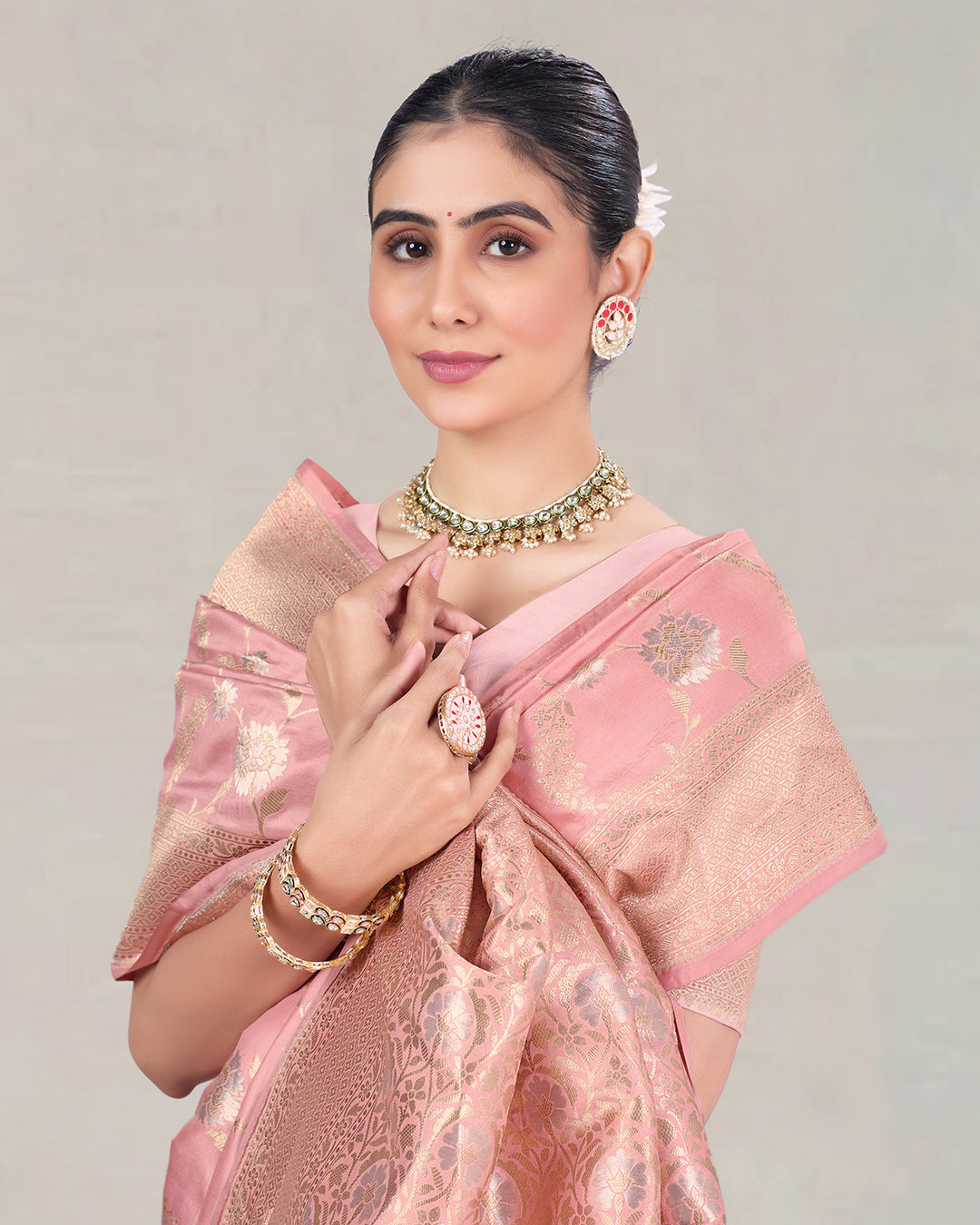 Light Pink Pure Katan Saree with Meenakari Floral Artistry and Jaal Work