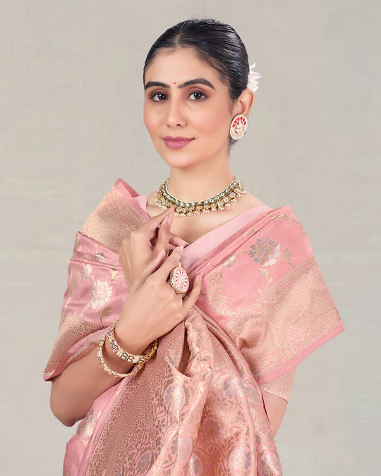 Light Pink Pure Katan Saree with Meenakari Floral Artistry and Jaal Work