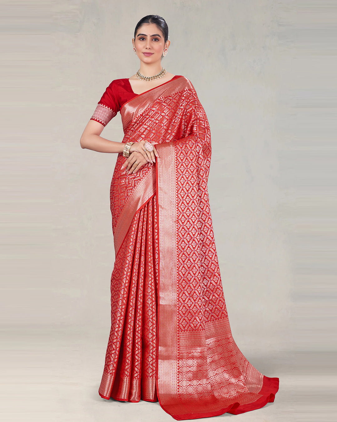 Fiery Red Pure Katan Saree with Vintage Mughal Lattice Patterns and Jaal Work
