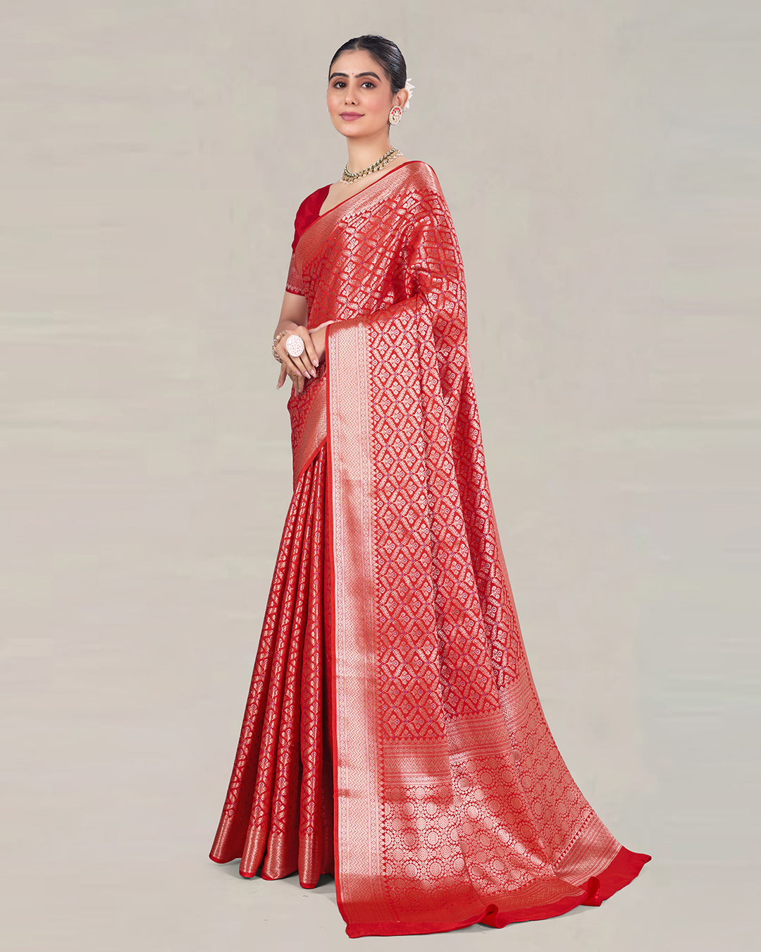 Fiery Red Pure Katan Saree with Vintage Mughal Lattice Patterns and Jaal Work