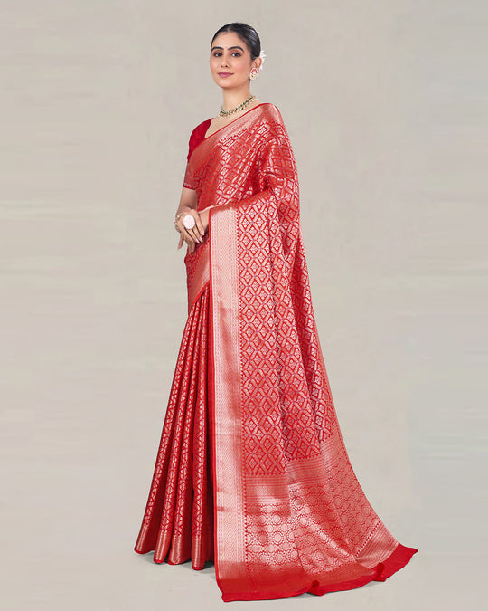 Fiery Red Pure Katan Saree with Vintage Mughal Lattice Patterns and Jaal Work