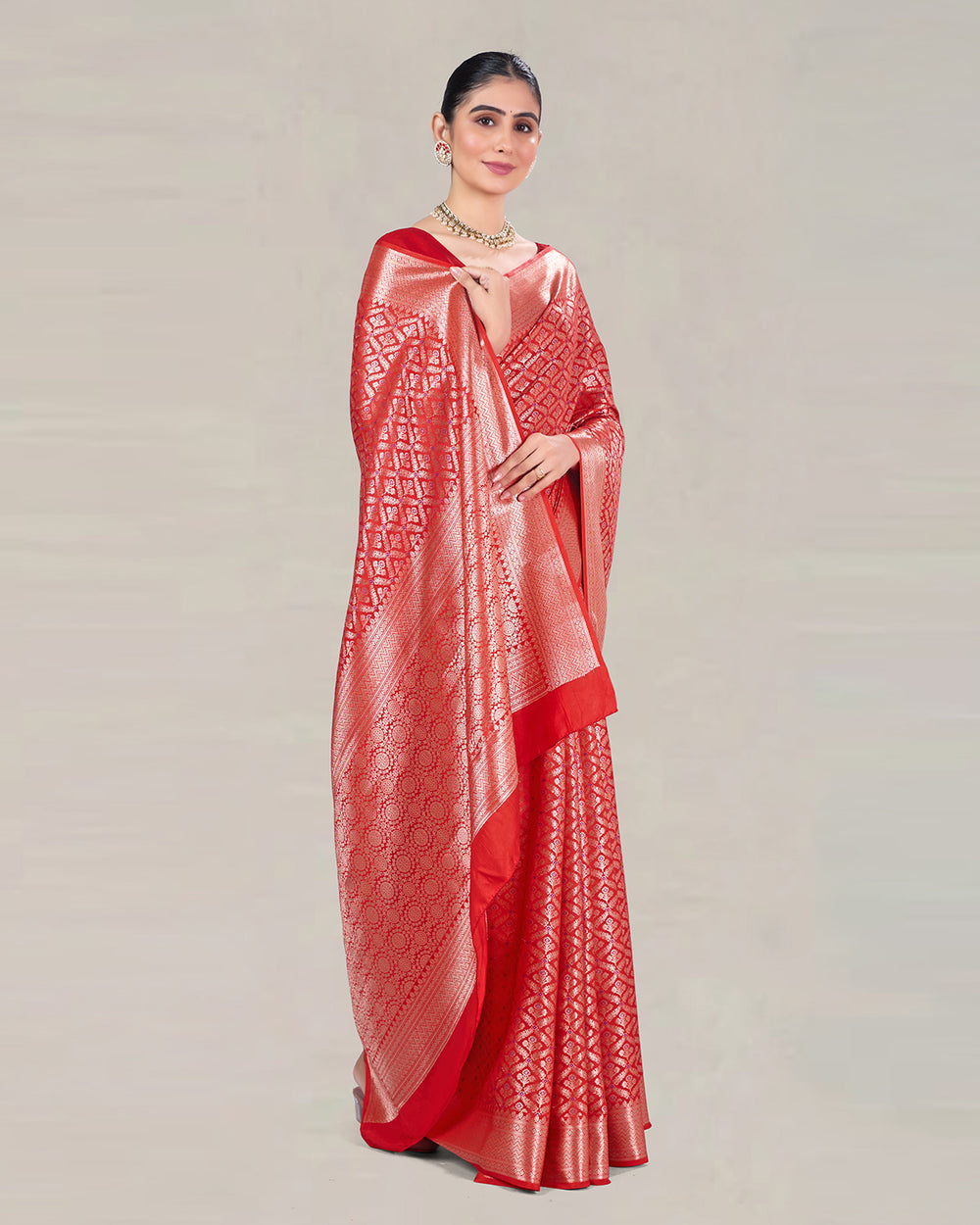 Fiery Red Pure Katan Saree with Vintage Mughal Lattice Patterns and Jaal Work