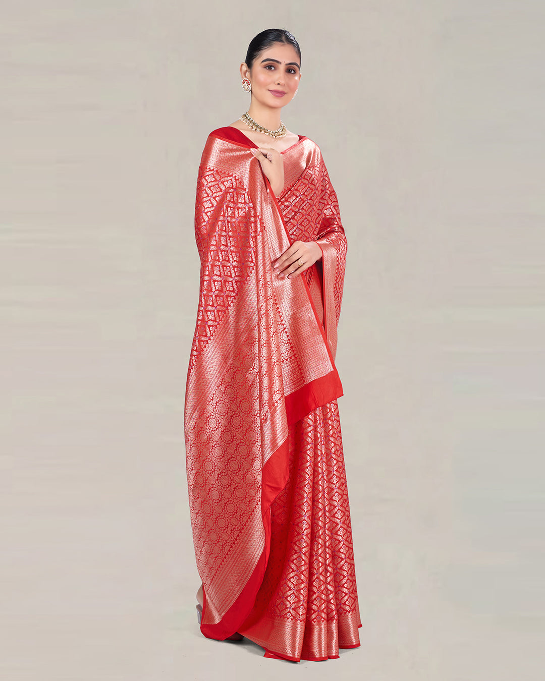 Fiery Red Pure Katan Saree with Vintage Mughal Lattice Patterns and Jaal Work
