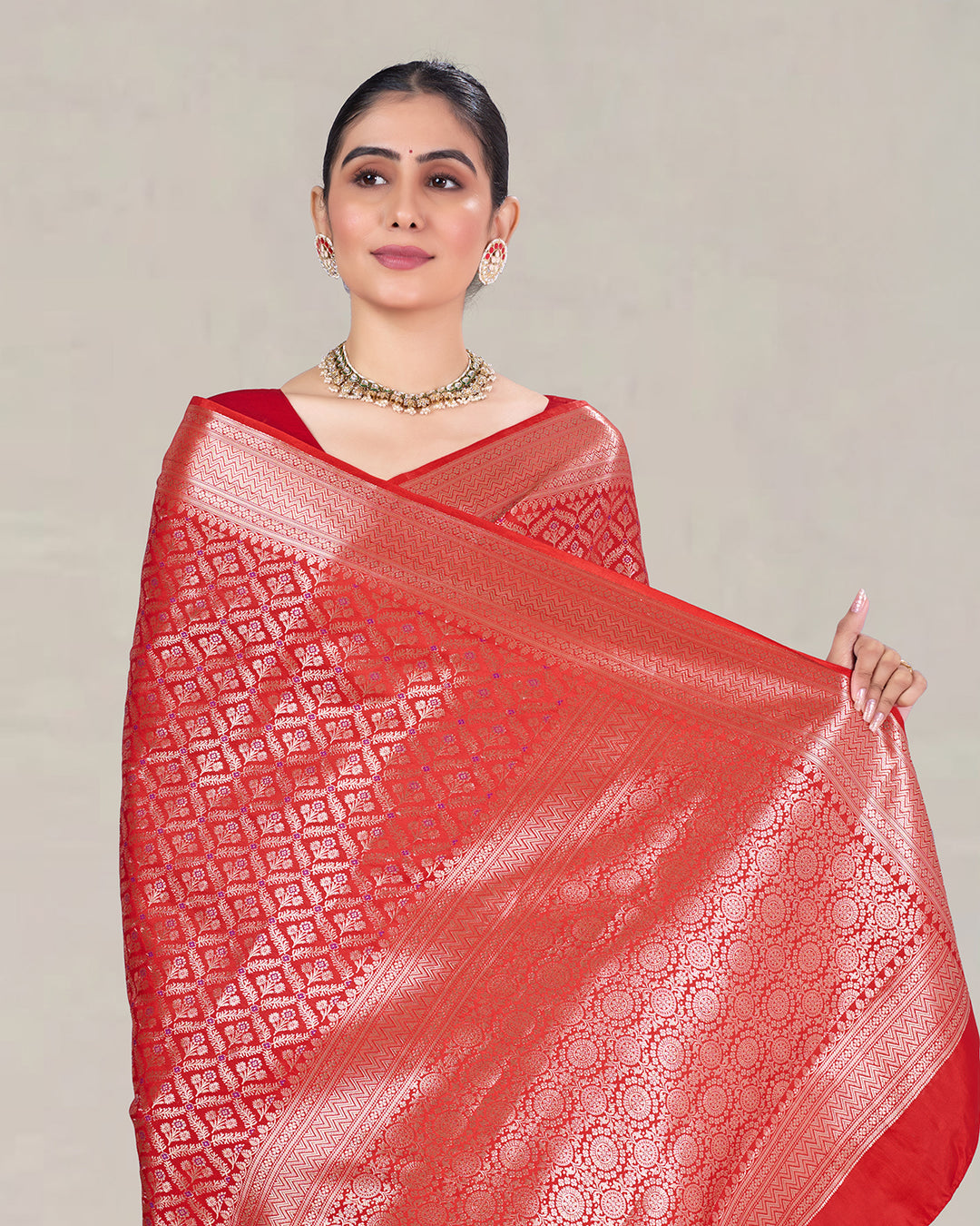 Fiery Red Pure Katan Saree with Vintage Mughal Lattice Patterns and Jaal Work