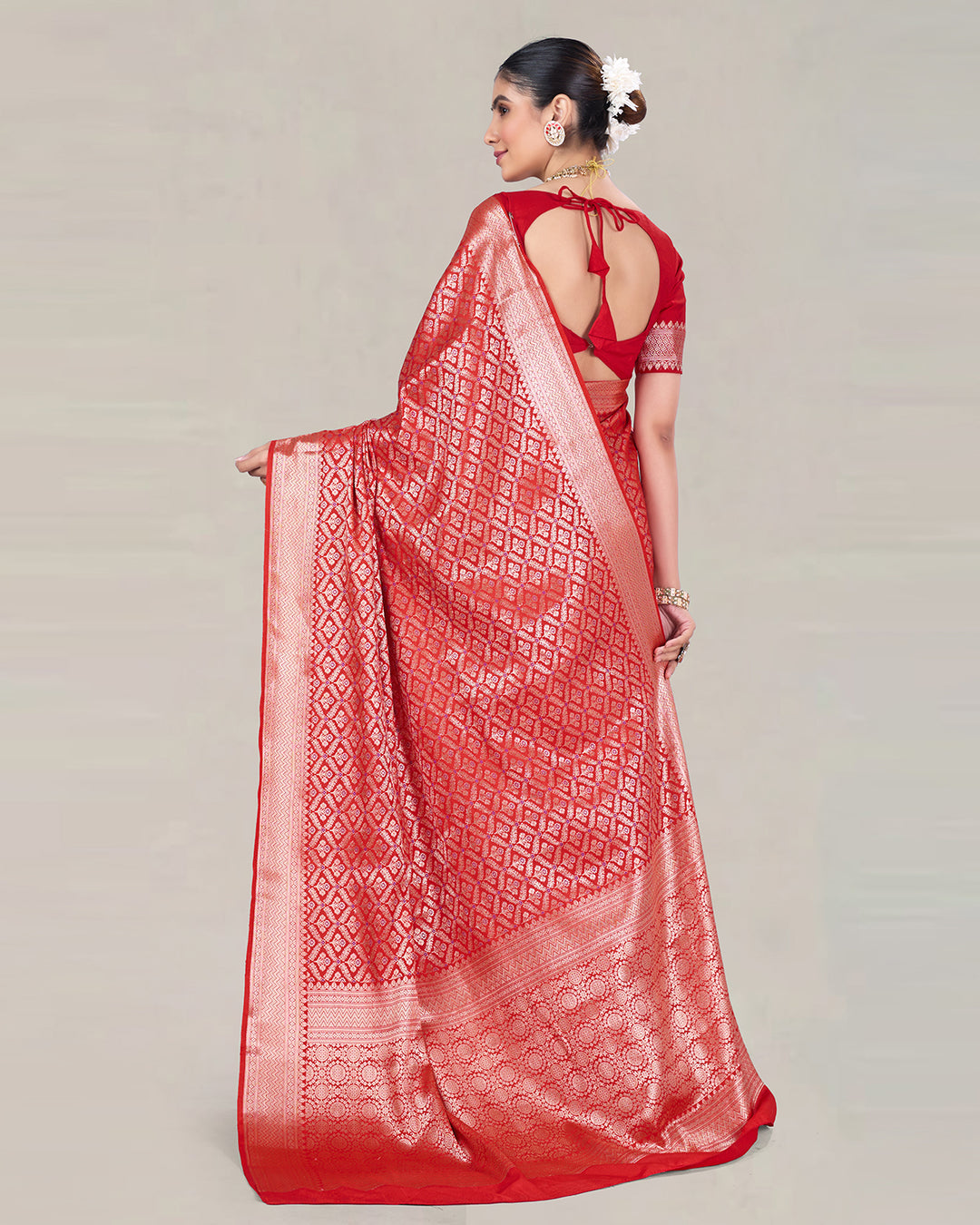 Fiery Red Pure Katan Saree with Vintage Mughal Lattice Patterns and Jaal Work