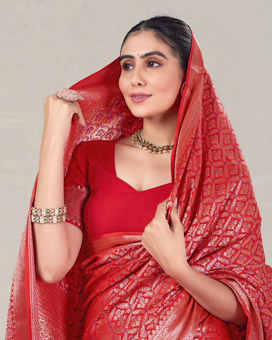 Fiery Red Pure Katan Saree with Vintage Mughal Lattice Patterns and Jaal Work