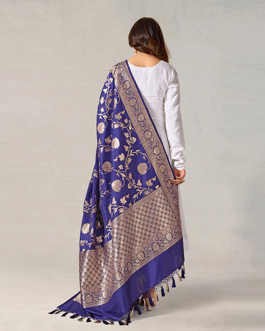Royal Blue Pure Katan Silk Dupatta with Mughal Jaal Weaves