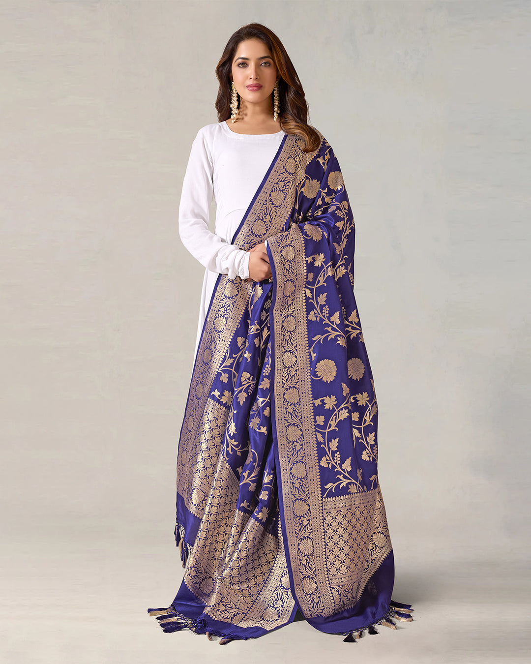 Royal Blue Pure Katan Silk Dupatta with Mughal Jaal Weaves