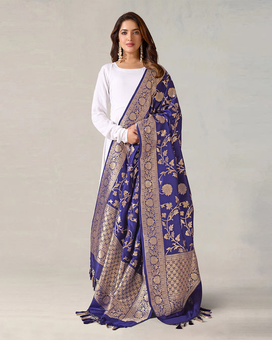 Royal Blue Pure Katan Silk Dupatta with Mughal Jaal Weaves