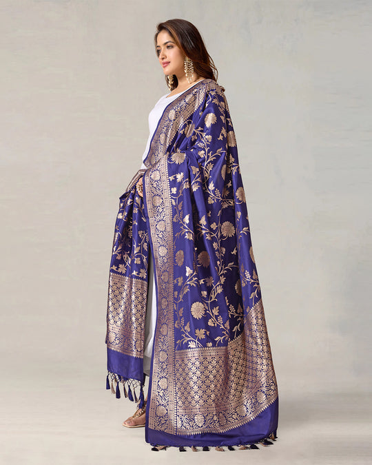 Royal Blue Pure Katan Silk Dupatta with Mughal Jaal Weaves