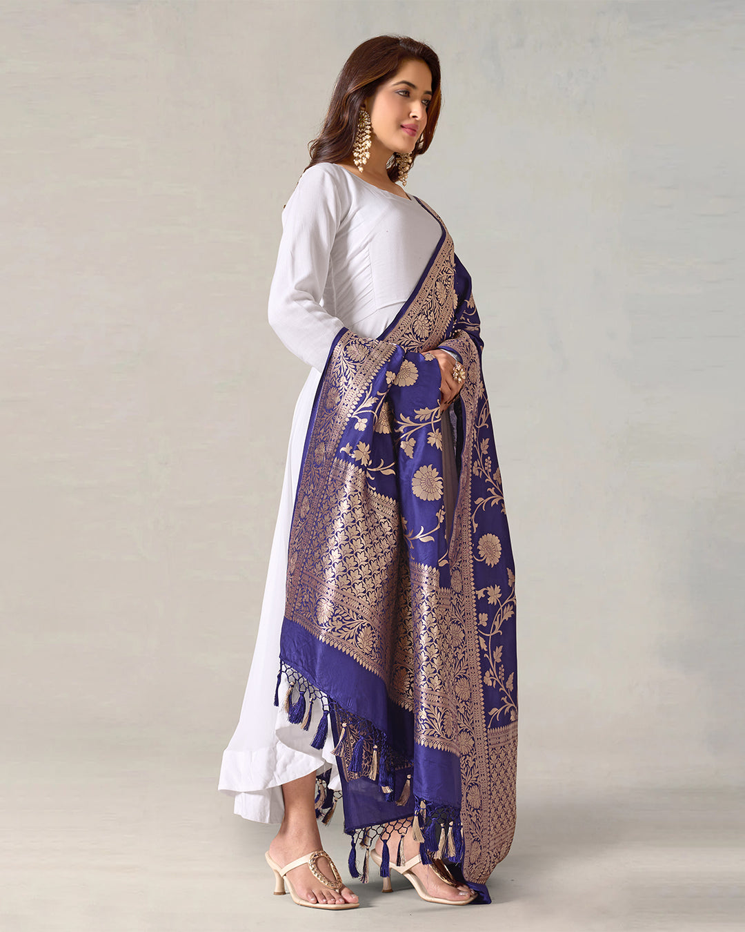 Royal Blue Pure Katan Silk Dupatta with Mughal Jaal Weaves