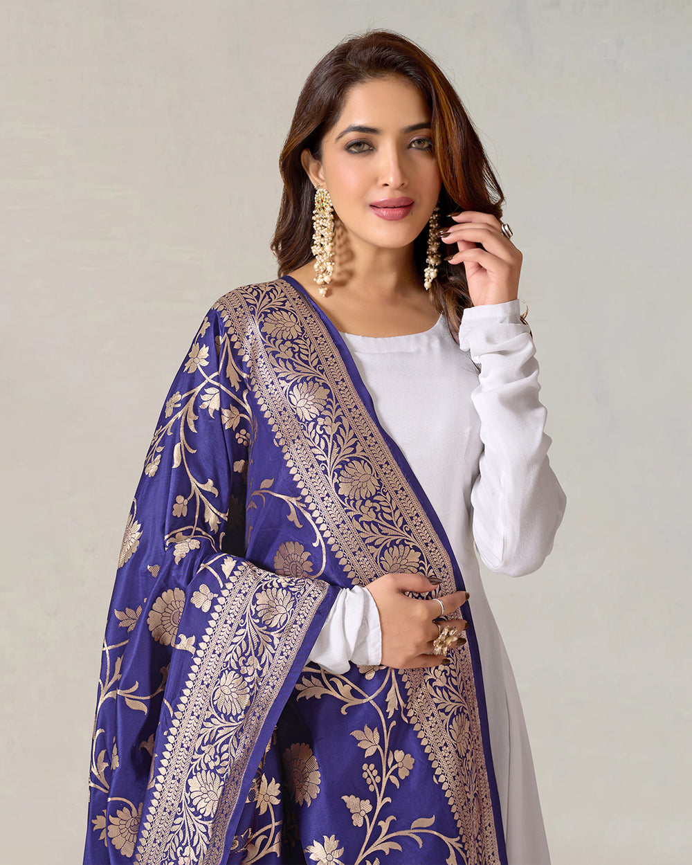 Royal Blue Pure Katan Silk Dupatta with Mughal Jaal Weaves