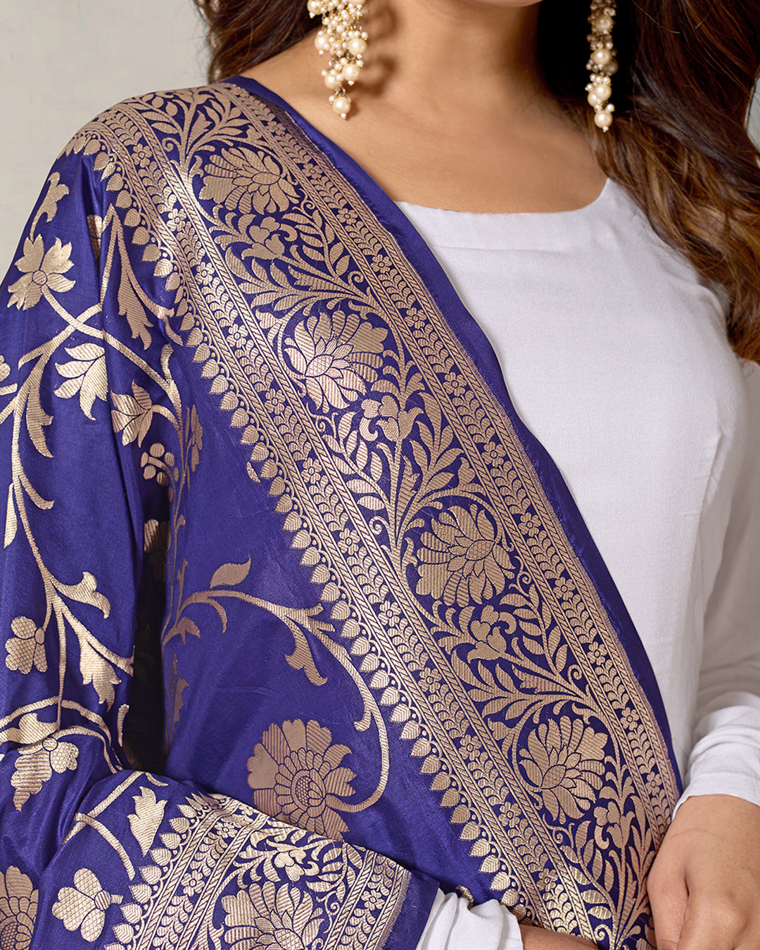 Royal Blue Pure Katan Silk Dupatta with Mughal Jaal Weaves