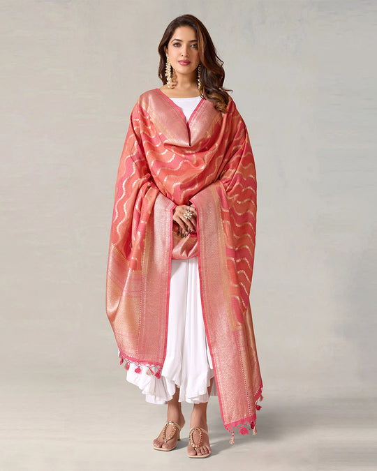 Multicolor Pure Muga Silk Dupatta with Shimmering Stripes Design