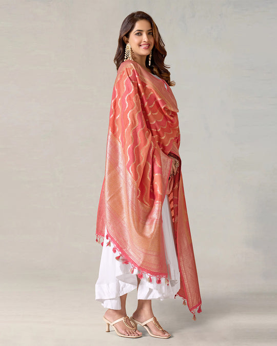 Multicolor Pure Muga Silk Dupatta with Shimmering Stripes Design