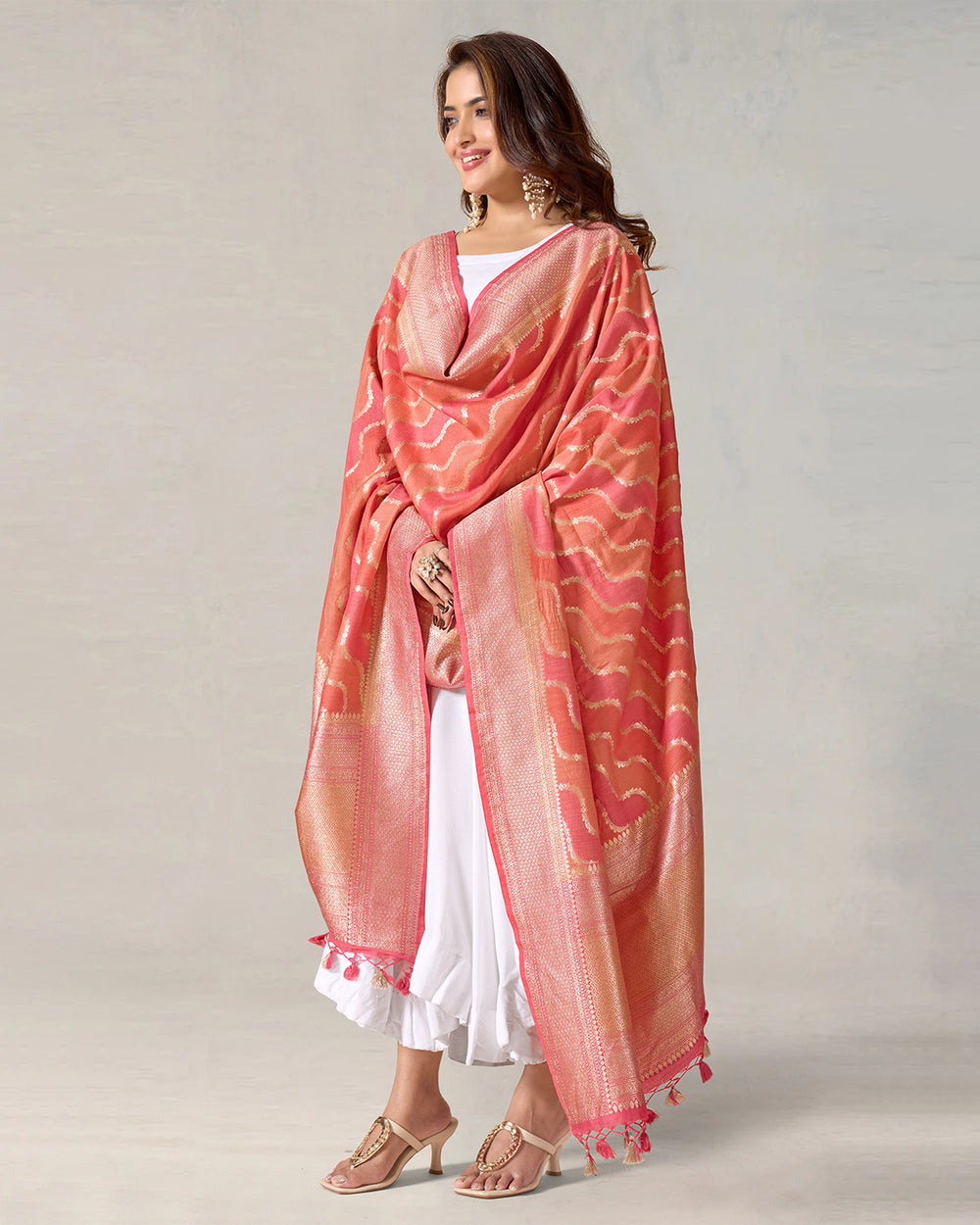 Multicolor Pure Muga Silk Dupatta with Shimmering Stripes Design