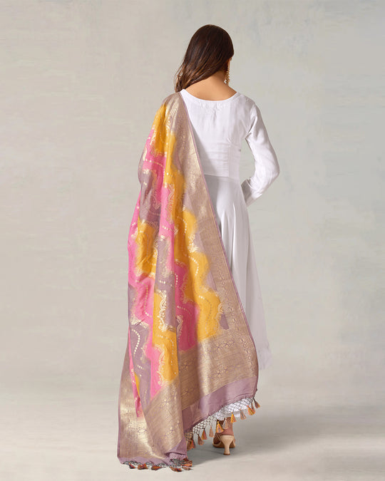 Rainbow Gleam Pure Pure Muga Silk Dupatta with Festive Zari Stripes
