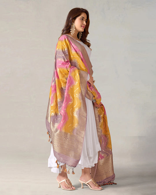 Rainbow Gleam Pure Pure Muga Silk Dupatta with Festive Zari Stripes
