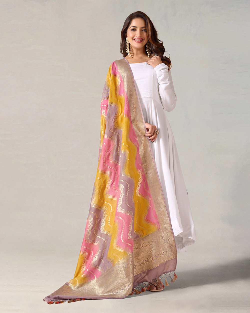 Rainbow Gleam Pure Pure Muga Silk Dupatta with Festive Zari Stripes
