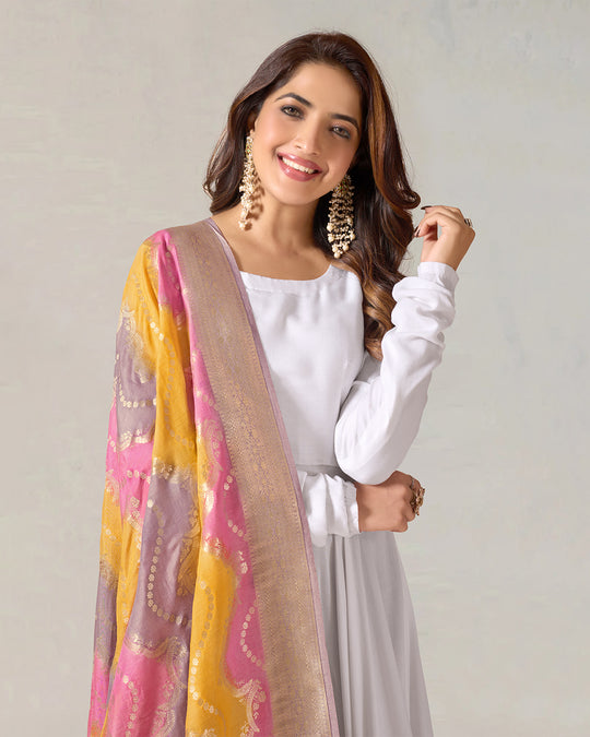 Rainbow Gleam Pure Pure Muga Silk Dupatta with Festive Zari Stripes