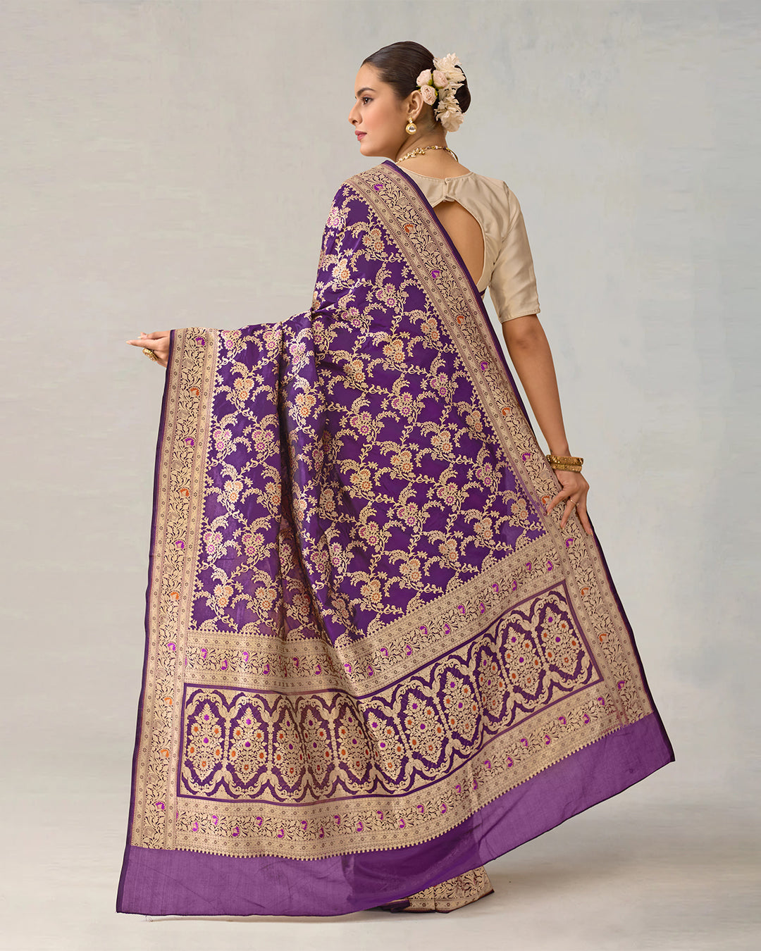 Dark Purple Pure Katan Saree With Floral Meenakari Jaal Work