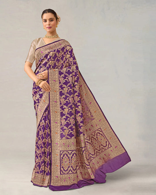 Dark Purple Pure Katan Saree With Floral Meenakari Jaal Work