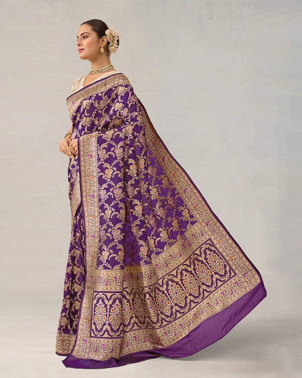 Dark Purple Pure Katan Saree With Floral Meenakari Jaal Work