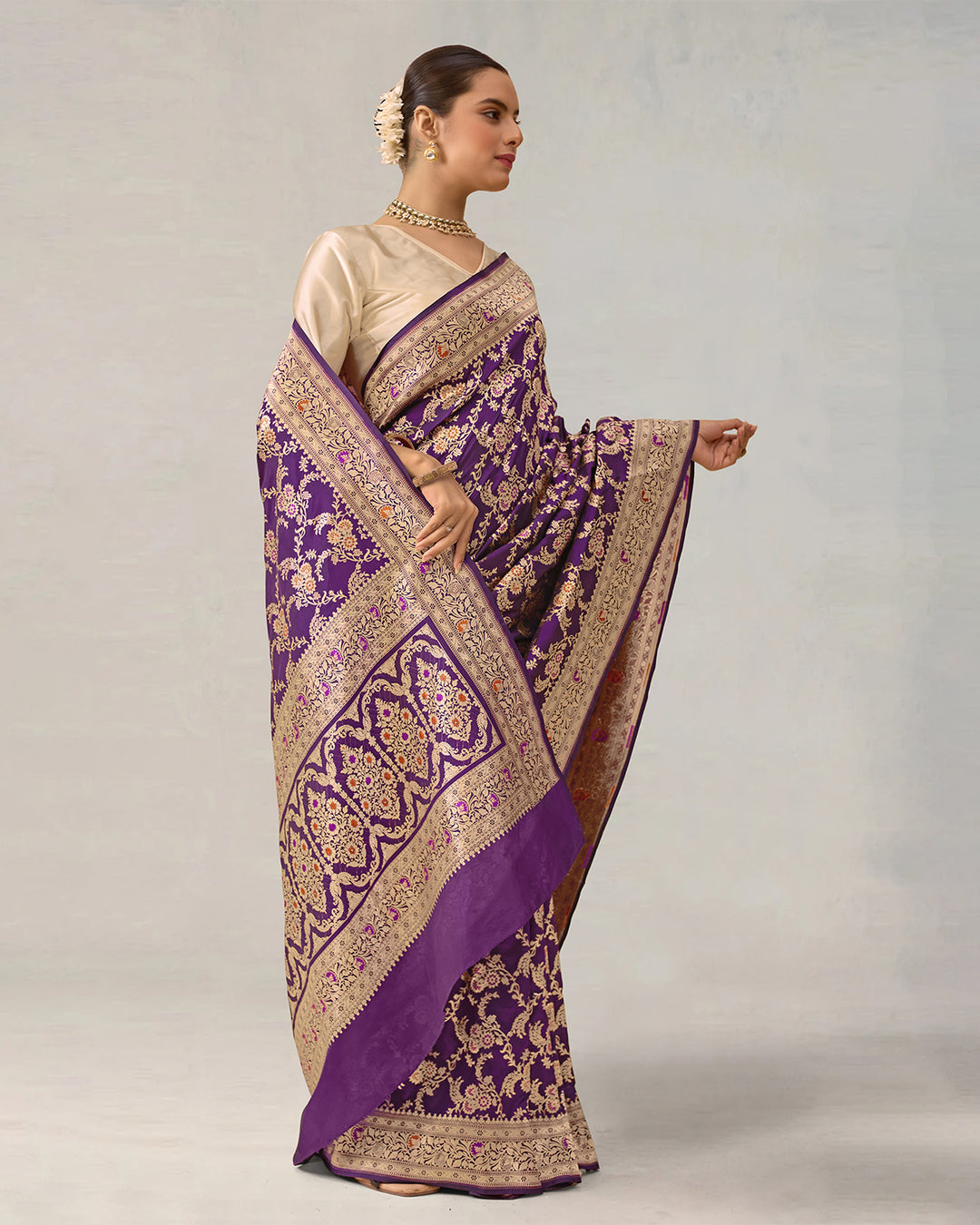 Dark Purple Pure Katan Saree With Floral Meenakari Jaal Work
