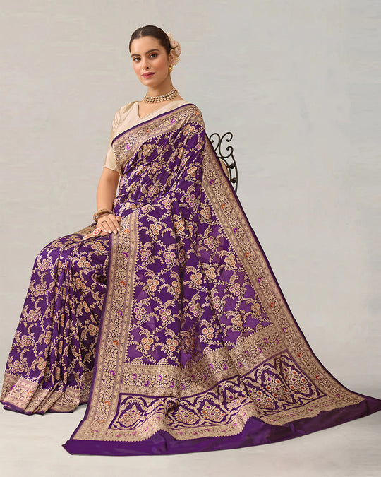 Dark Purple Pure Katan Saree With Floral Meenakari Jaal Work
