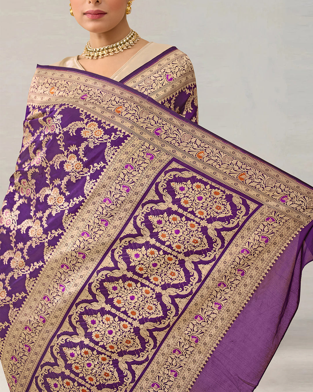 Dark Purple Pure Katan Saree With Floral Meenakari Jaal Work