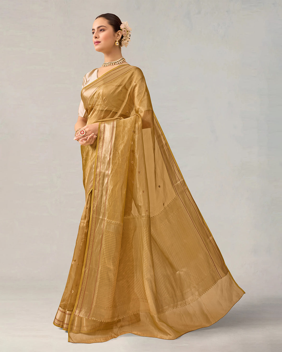 Lustrous Gold Pure Tissue Saree with Delicate Butidar Weaves