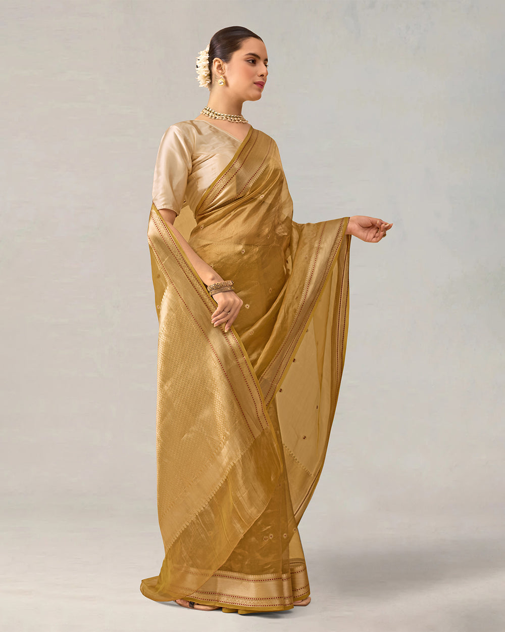 Lustrous Gold Pure Tissue Saree with Delicate Butidar Weaves
