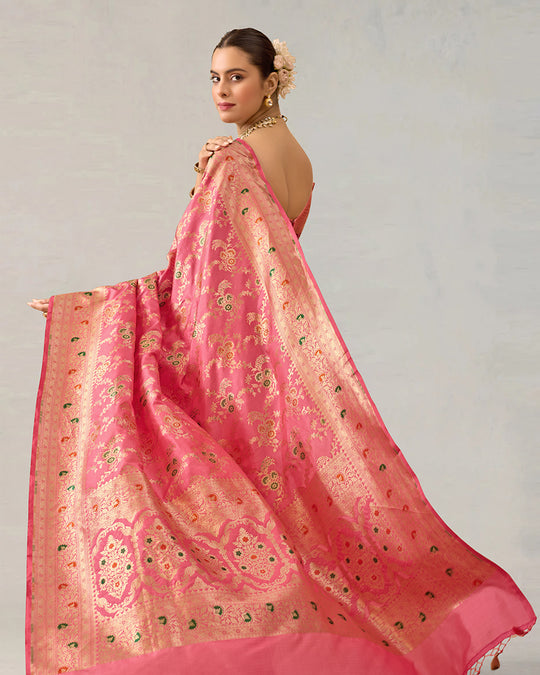 Pink Pure Katan Saree With Floral Meenakari Jaal Work