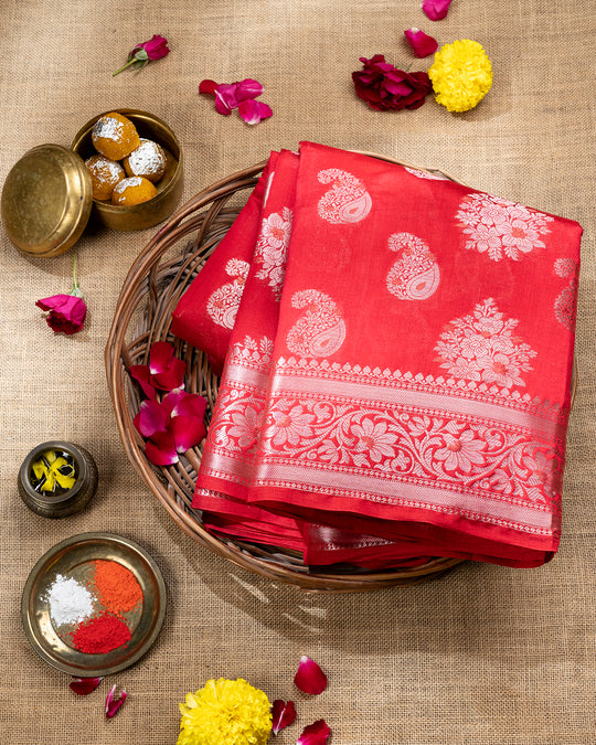 Cherry Red Handwoven Pure Banarasi Silk Saree