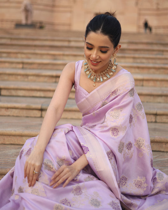 Lavender Opulence Pure Banarasi Silk Saree with Enchanted Floral Details