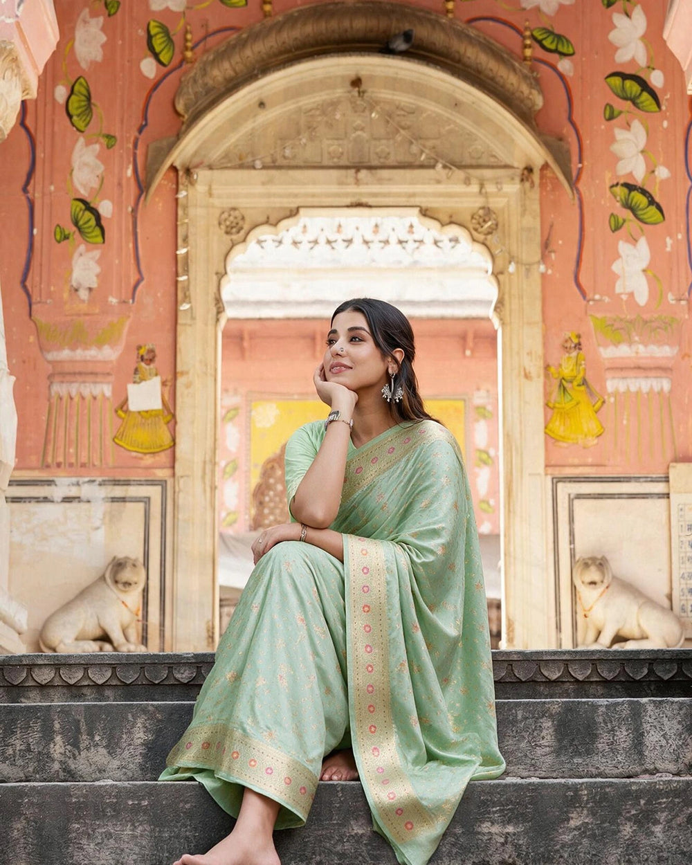 Light Green Pure Banarasi Saree with Meenakari Floral Motifs Weave