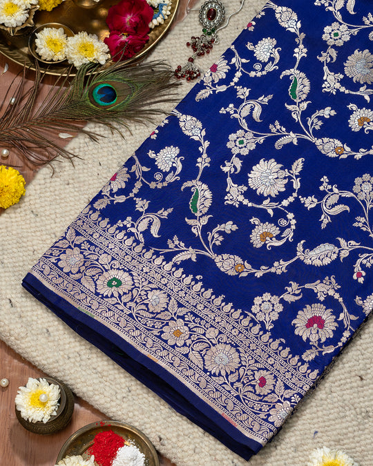 Royal Deep Blue Pure Katan Silk Saree Embellished with Artistic Detailing Intricate Motifs Floral Patterns