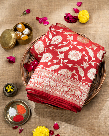 Red Handwoven Pure Muga Silk Saree