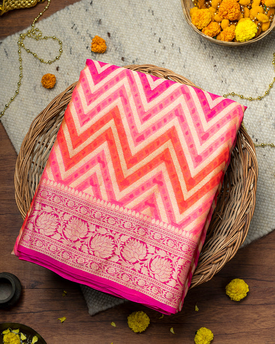 Pink & Orange Handwoven Pure Chiffon Saree