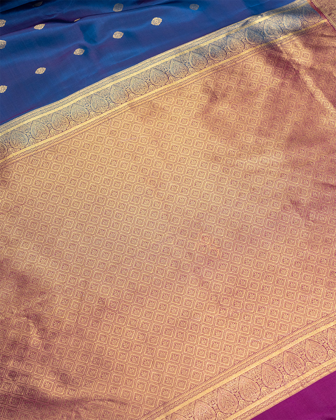 Cobalt Blue Pure Kanjivaram Silk Saree with Exquisite Gold Wine Paisley Border
