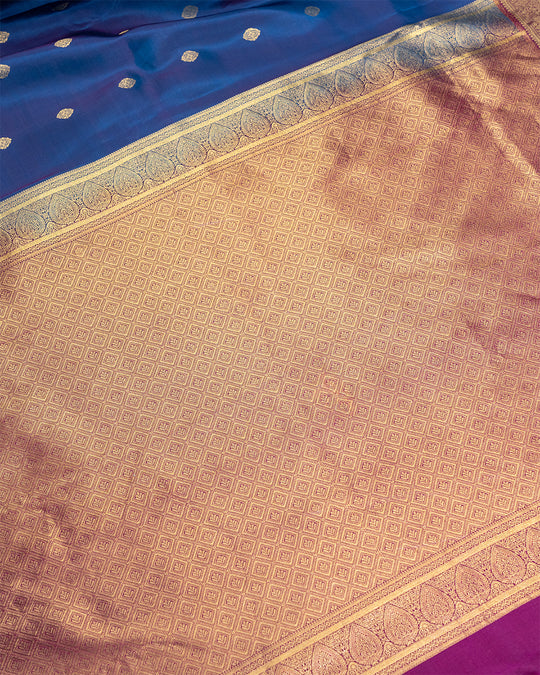 Cobalt Blue Pure Kanjivaram Silk Saree with Exquisite Gold Wine Paisley Border