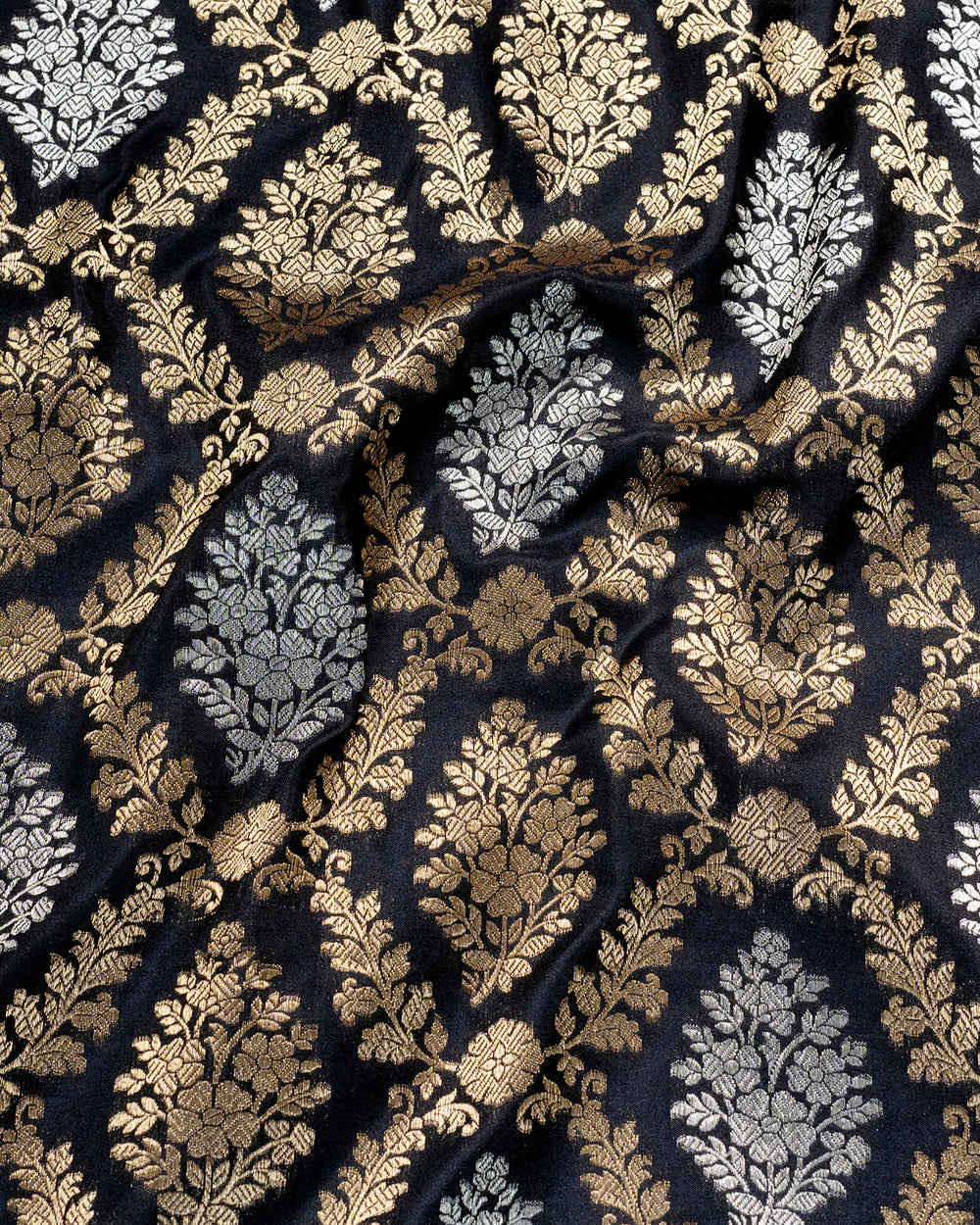 Midnight Black Noor-e-Banaras Pure Katan Silk Saree Handwoven With Silver & Golden Floral Zardozi Elegance