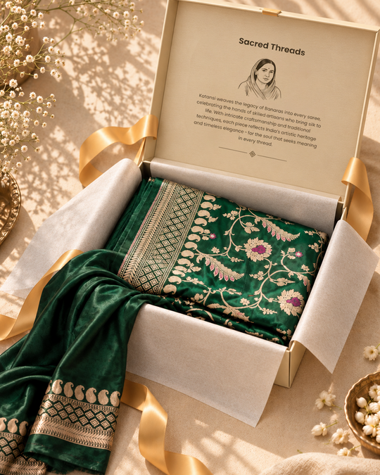 Forest Green Pure Katan Saree with Floral Meenakari Wine Jaal Weave