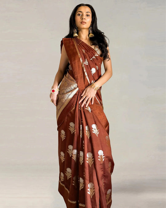 Brown Pure Banarasi Saree with Floral Buta Weaves