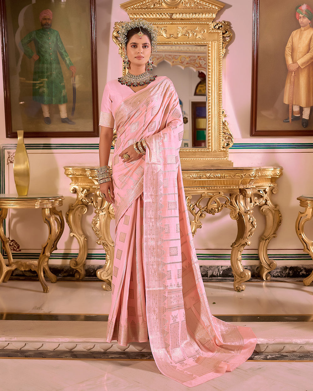 Soft Pink Pure Banarasi Saree with Geometric Butidar Weaves