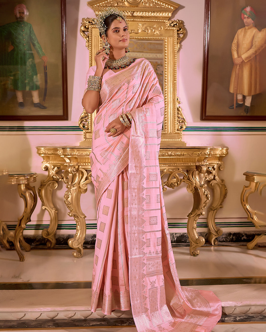 Soft Pink Pure Banarasi Saree with Geometric Butidar Weaves