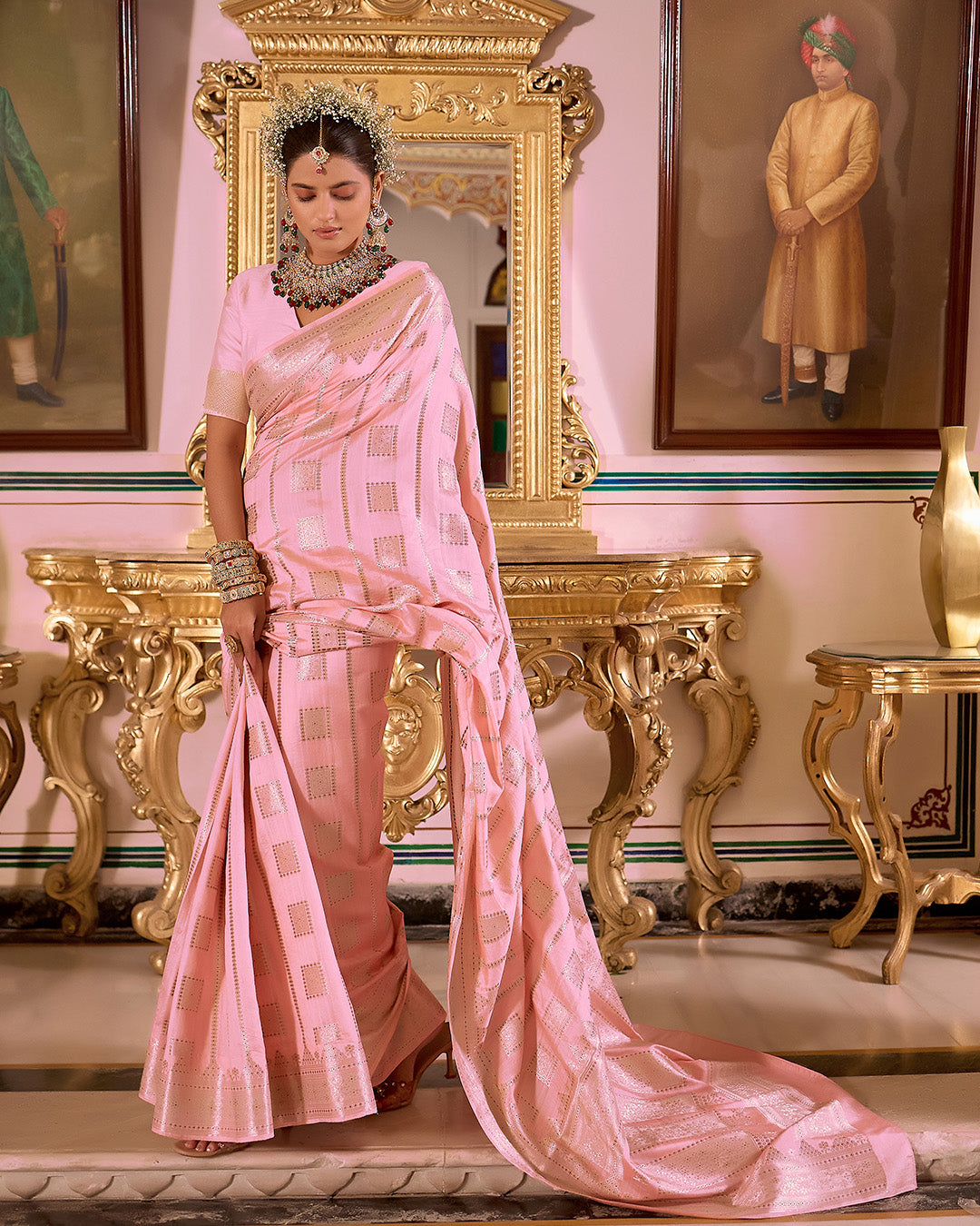 Soft Pink Pure Banarasi Saree with Geometric Butidar Weaves