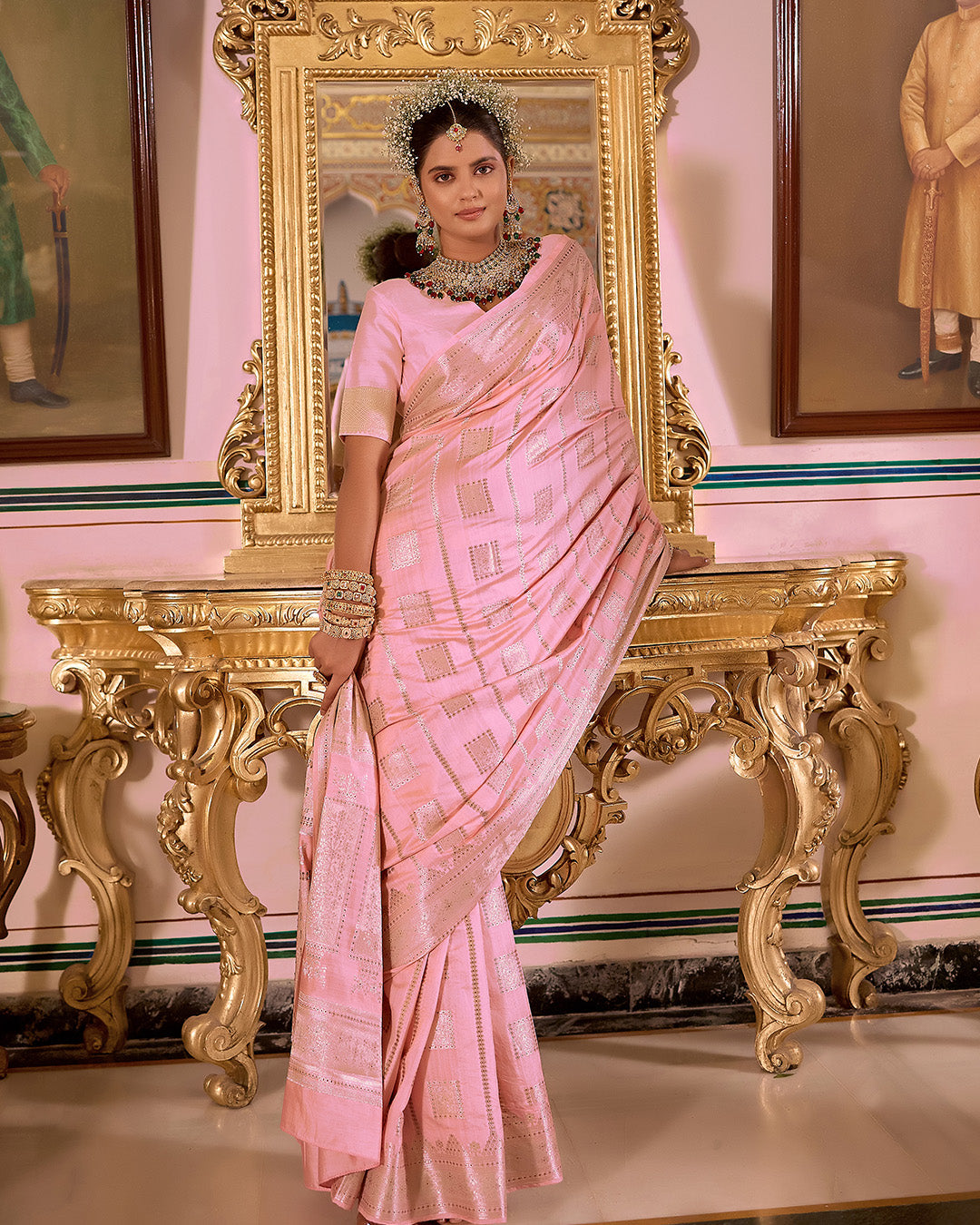 Soft Pink Pure Banarasi Saree with Geometric Butidar Weaves